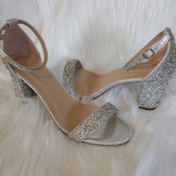 Silver beaded Rhinestone 3 inch Bling Glitter Party Modern Strappy heels size 10 - Picture 7 of 11
